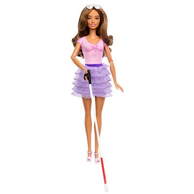 A Barbie doll with a cane. The doll has long brown hair and is wearing a pink top and a purple tu-tu.