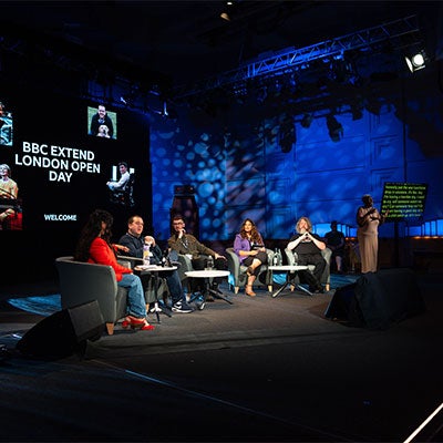 Five speakers sit at a panel at the BBC Extend London Open Day.