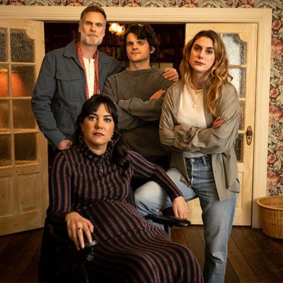 The four lead characters of We Might Regret This face the camera.